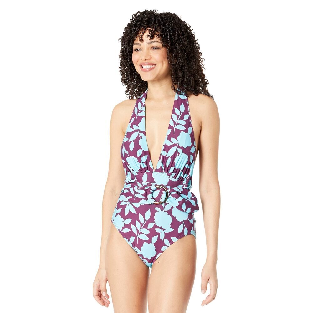 Kate Spade New York Multicolor Belted Plunge Halter One-Piece MD